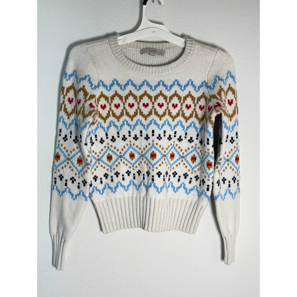 LOFT Petites Fair Isle Heart Crewneck Sweater Cream Blue Brown XXSP